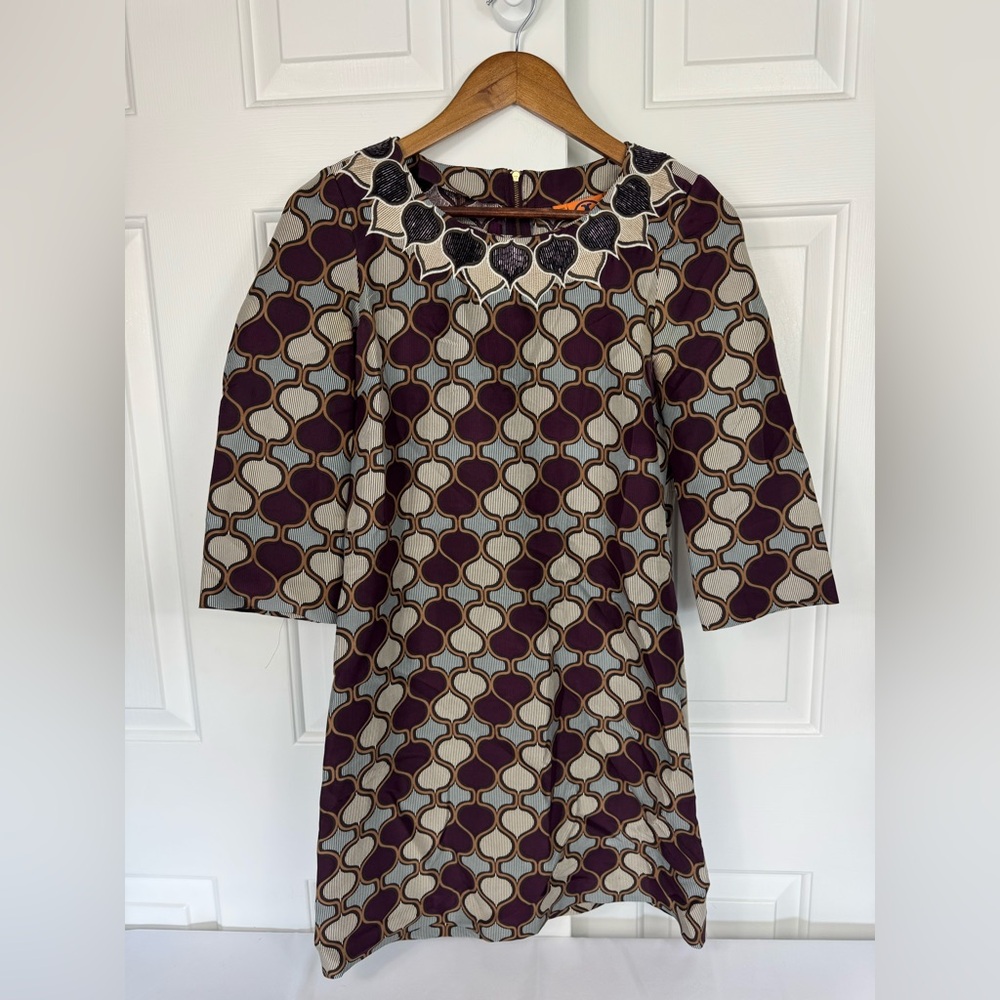 Tory Burch 100% Silk Print Shift Dress w/ 3/4 Length Sleeves & Beaded Neck‎ sz 2